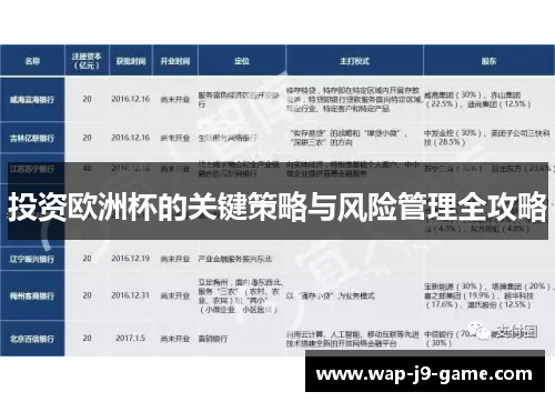 投资欧洲杯的关键策略与风险管理全攻略 投资欧洲杯的关键策略与风险管理全攻略