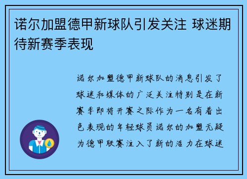 诺尔加盟德甲新球队引发关注 球迷期待新赛季表现