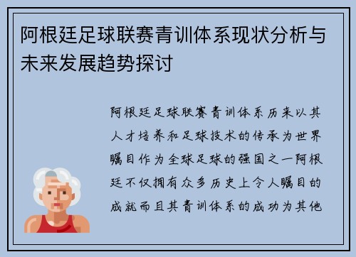 阿根廷足球联赛青训体系现状分析与未来发展趋势探讨