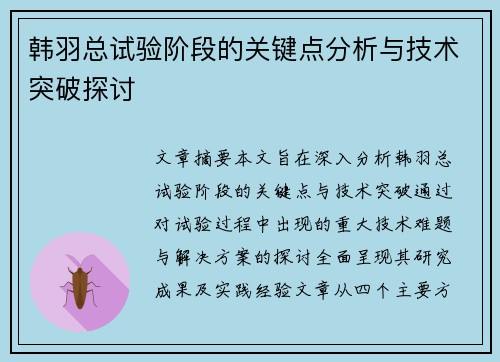 韩羽总试验阶段的关键点分析与技术突破探讨